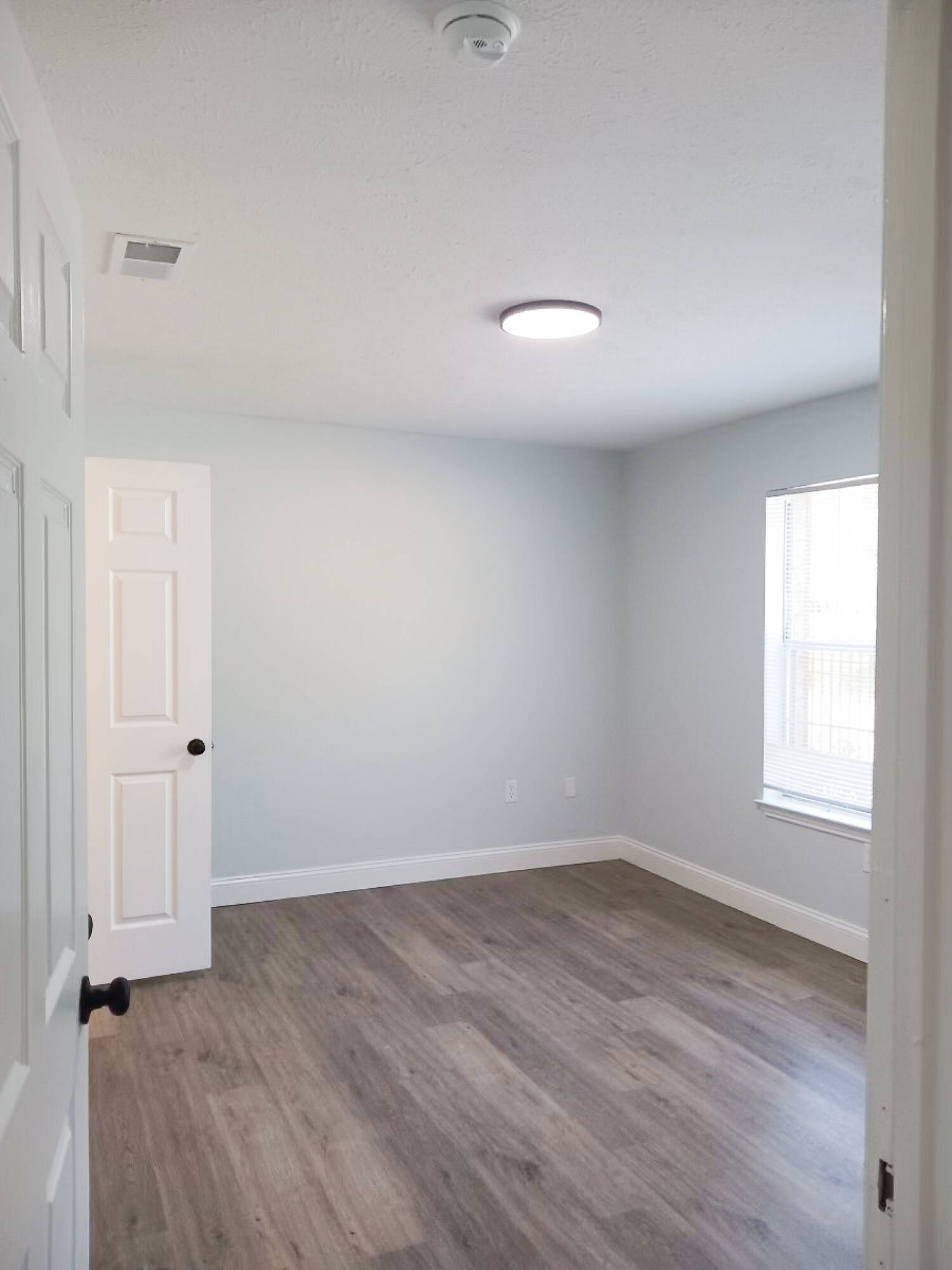 Updated flooring, fresh paint, modern hardware and light fixtures in the bedroom of The Savoy Apartments, located in Cartersville, GA